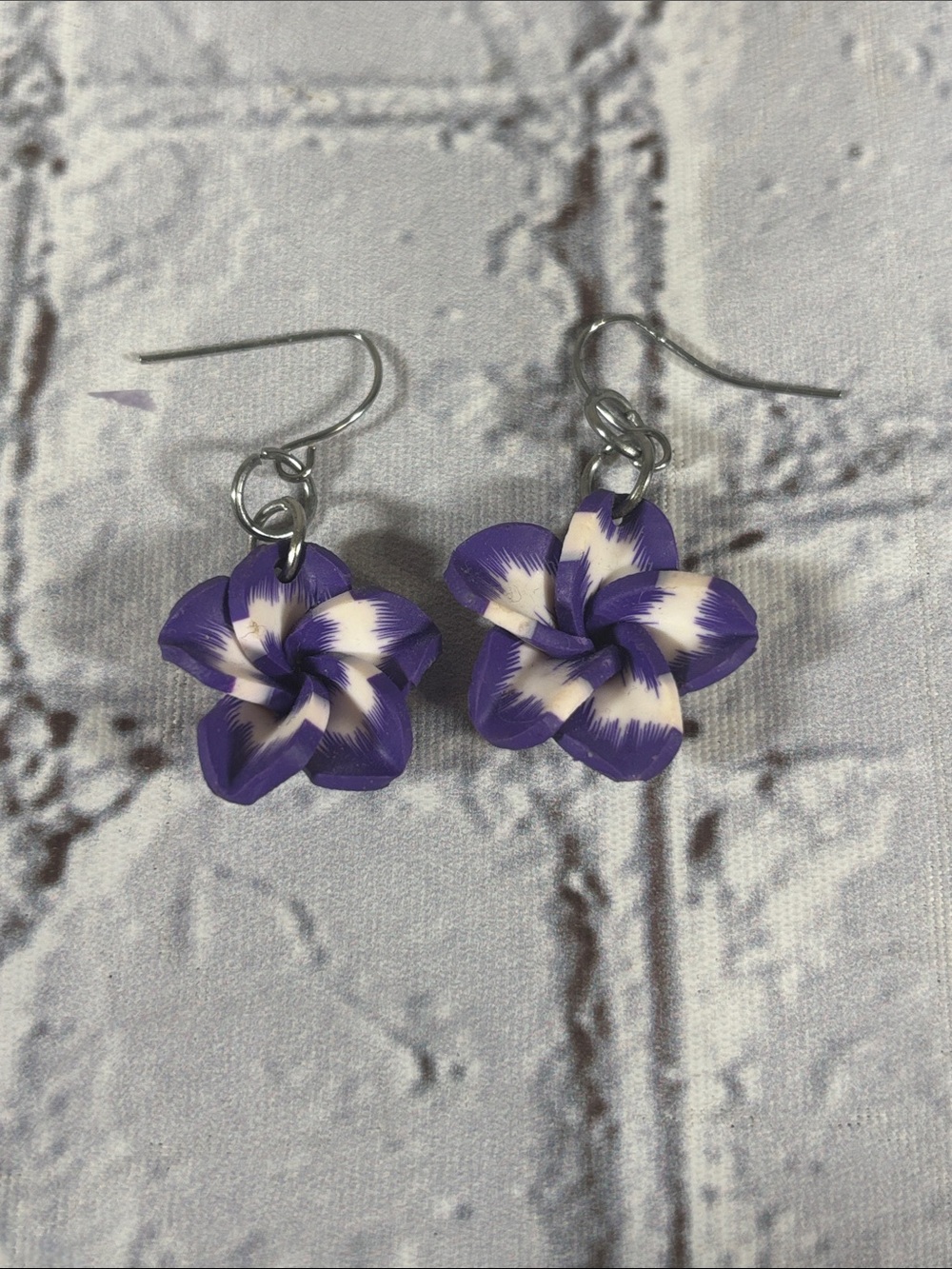 Purple and White Hibiscus Dangle Hook Earrings